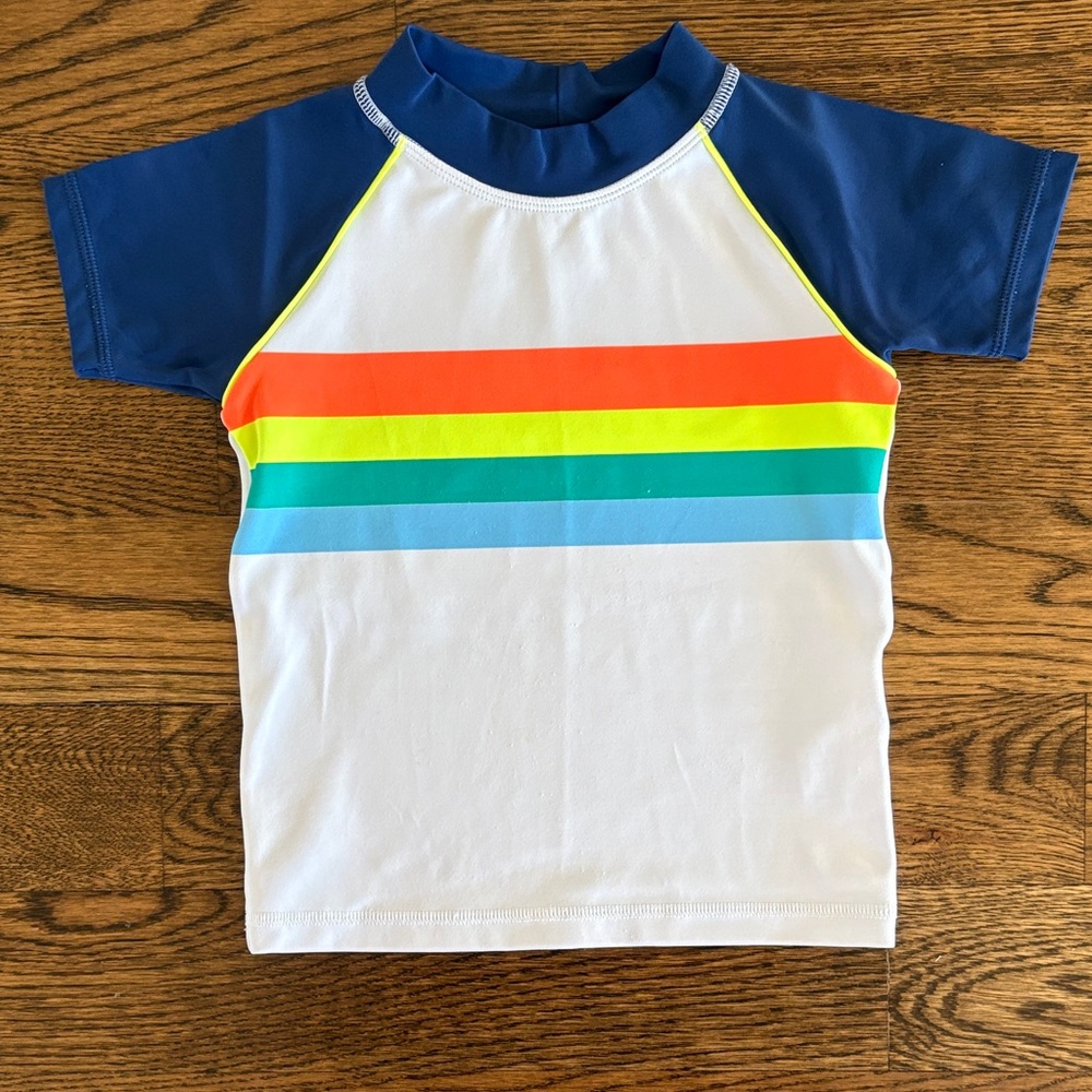 Mini Boden Blue and White Rashguard with Rainbow Stripes